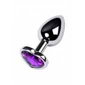 Серебристая коническая анальная пробка с фиолетовым кристаллом-сердечком - 7 см. - ToyFa - купить с доставкой в Новошахтинске
