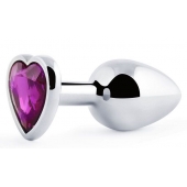 Серебристая анальная пробка с фиолетовым кристаллом-сердечком - 8 см. - Anal Jewelry Plug - купить с доставкой в Новошахтинске