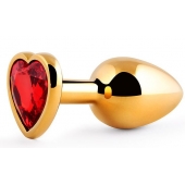 Золотистая анальная пробка с красным стразом-сердечком - 8 см. - Anal Jewelry Plug - купить с доставкой в Новошахтинске