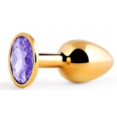 Золотистая анальная пробка с фиолетовым стразом - 7,2 см. - Anal Jewelry Plug - купить с доставкой в Новошахтинске