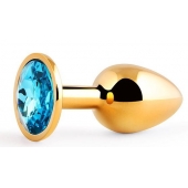 Золотистая анальная пробка с голубым стразом - 7,2 см. - Anal Jewelry Plug - купить с доставкой в Новошахтинске