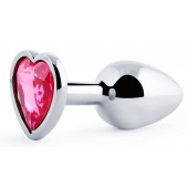 Серебристая анальная пробка с розовым кристаллом-сердечком - 7 см. - Anal Jewelry Plug - купить с доставкой в Новошахтинске