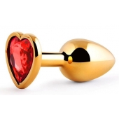 Золотистая анальная пробка с красным стразом-сердечком - 7 см. - Anal Jewelry Plug - купить с доставкой в Новошахтинске