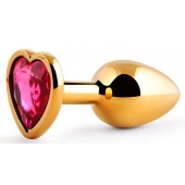 Золотистая анальная пробка с малиновым кристаллом-сердечком - 7 см. - Anal Jewelry Plug - купить с доставкой в Новошахтинске