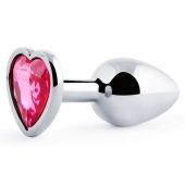 Серебристая анальная пробка с малиновым кристаллом-сердечком - 7 см. - Anal Jewelry Plug - купить с доставкой в Новошахтинске