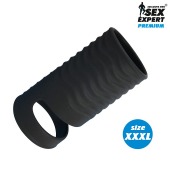 Черная открытая насадка на пенис с кольцом для мошонки XXXL-size - 9,9 см. - Sex Expert - в Новошахтинске купить с доставкой
