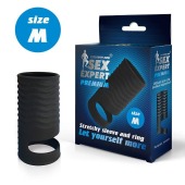 Черная открытая насадка на пенис с кольцом для мошонки size M - 7,9 см. - Sex Expert - в Новошахтинске купить с доставкой