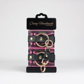 Черные кожаные наручники с розовой строчкой - Crazy Handmade - купить с доставкой в Новошахтинске