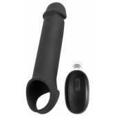 Черная вибронасадка для пениса с хомутом для мошонки и пультом ДУ Remote Controlled Penis Extension - Orion - в Новошахтинске купить с доставкой