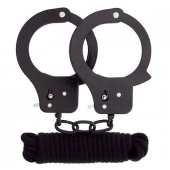 Чёрные наручники из листового металла в комплекте с веревкой BONDX METAL CUFFS LOVE ROPE SET - Dream Toys - купить с доставкой в Новошахтинске