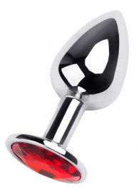 Маленькая коническая серебристая анальная пробка с красным кристаллом - 7 см. - ToyFa - купить с доставкой в Новошахтинске