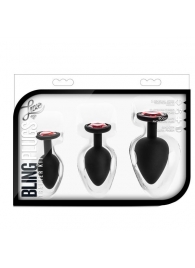 Набор черных анальных пробок с красным кристаллом-сердечком Bling Plugs Training Kit - Blush Novelties - купить с доставкой в Новошахтинске