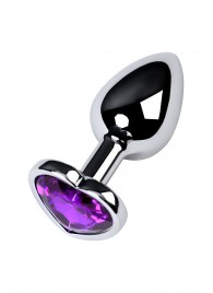 Серебристая коническая анальная пробка с фиолетовым кристаллом-сердечком - 7 см. - ToyFa - купить с доставкой в Новошахтинске