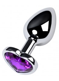 Серебристая коническая анальная пробка с фиолетовым кристаллом-сердечком - 7 см. - ToyFa - купить с доставкой в Новошахтинске