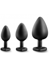 Набор из 3 черных пробок с прозрачным кристаллом-сердечком Bling Plugs Training Kit - Blush Novelties - купить с доставкой в Новошахтинске