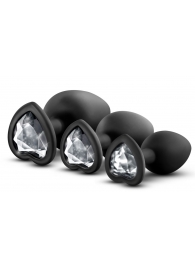 Набор из 3 черных пробок с прозрачным кристаллом-сердечком Bling Plugs Training Kit - Blush Novelties - купить с доставкой в Новошахтинске