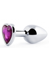 Серебристая анальная пробка с фиолетовым кристаллом-сердечком - 8 см. - Anal Jewelry Plug - купить с доставкой в Новошахтинске