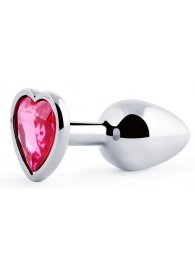 Серебристая анальная пробка с розовым кристаллом-сердечком - 7 см. - Anal Jewelry Plug - купить с доставкой в Новошахтинске