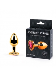 Золотистая анальная пробка с малиновым кристаллом-сердечком - 7 см. - Anal Jewelry Plug - купить с доставкой в Новошахтинске
