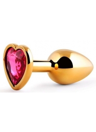 Золотистая анальная пробка с малиновым кристаллом-сердечком - 7 см. - Anal Jewelry Plug - купить с доставкой в Новошахтинске