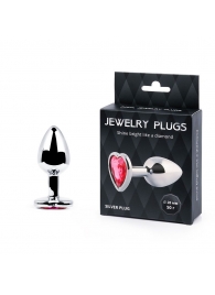 Серебристая анальная пробка с малиновым кристаллом-сердечком - 7 см. - Anal Jewelry Plug - купить с доставкой в Новошахтинске