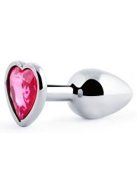 Серебристая анальная пробка с малиновым кристаллом-сердечком - 7 см. - Anal Jewelry Plug - купить с доставкой в Новошахтинске