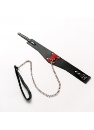 Черный широкий ошейник с красным декором и поводком - Crazy Handmade - купить с доставкой в Новошахтинске