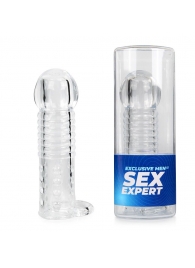 Прозрачная рельефная насадка-реалистик с петлей для мошонки - 13,5 см. - Sex Expert - в Новошахтинске купить с доставкой