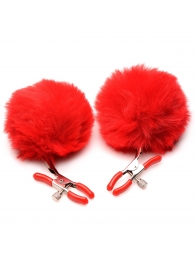 Красные зажимы на соски с помпонами Pom Pom - XR Brands - купить с доставкой в Новошахтинске
