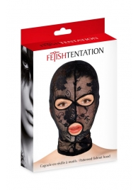 Черная кружевная маска на голову с отверстиями для глаз и рта - Fetish Tentation - купить с доставкой в Новошахтинске