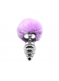 Серебристая анальная пробка с сиреневым мехом Metal Anal Fluffly Twist Plug L - Adrien Lastic