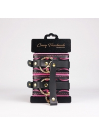 Черные кожаные оковы с розовой строчкой - Crazy Handmade - купить с доставкой в Новошахтинске