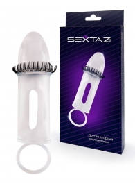 Закрытая насадка на пенис с подхватом мошонки и стимулирующими «ресничками» - Sextaz - в Новошахтинске купить с доставкой