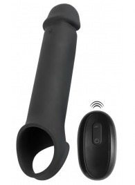 Черная вибронасадка для пениса с хомутом для мошонки и пультом ДУ Remote Controlled Penis Extension - Orion - в Новошахтинске купить с доставкой