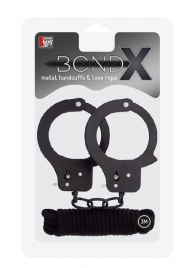 Чёрные наручники из листового металла в комплекте с веревкой BONDX METAL CUFFS LOVE ROPE SET - Dream Toys - купить с доставкой в Новошахтинске