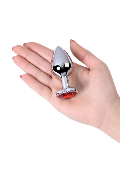 Серебристая коническая анальная пробка с красным кристаллом-сердечком - 7 см. - ToyFa - купить с доставкой в Новошахтинске