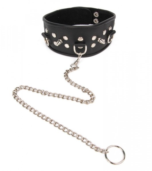 Черный ошейник с шипами и металлическим поводком-цепочкой - Notabu - купить с доставкой в Новошахтинске