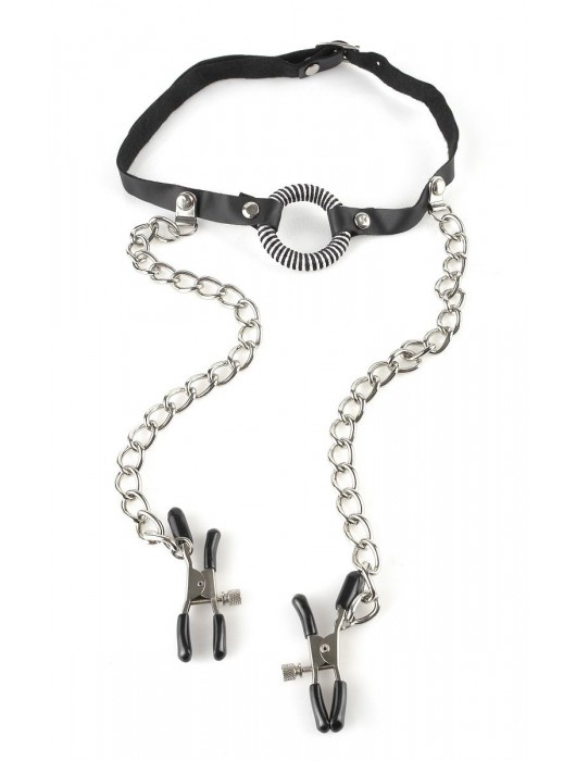 Кляп, соединенный цепочкой с клипсами для сосков - Pipedream - купить с доставкой в Новошахтинске