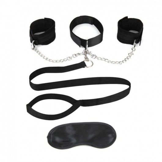 Чёрный ошейник с наручниками и поводком Collar Cuffs   Leash Set - Lux Fetish - купить с доставкой в Новошахтинске