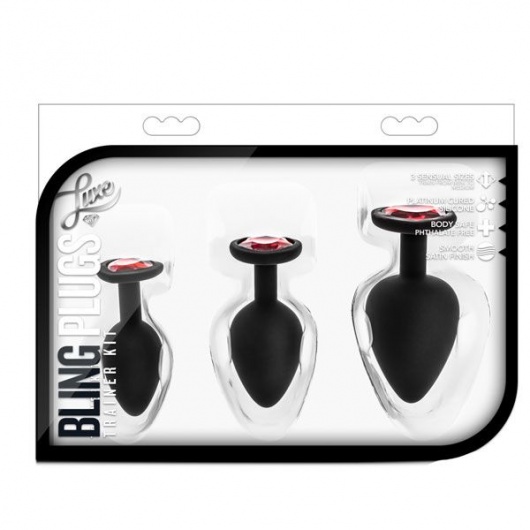 Набор черных анальных пробок с красным кристаллом-сердечком Bling Plugs Training Kit - Blush Novelties - купить с доставкой в Новошахтинске