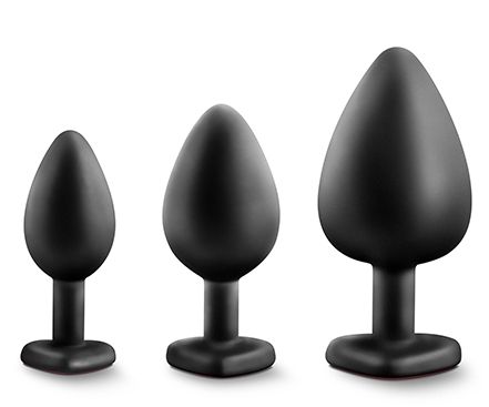 Набор черных анальных пробок с красным кристаллом-сердечком Bling Plugs Training Kit - Blush Novelties - купить с доставкой в Новошахтинске