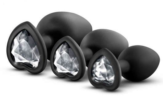 Набор из 3 черных пробок с прозрачным кристаллом-сердечком Bling Plugs Training Kit - Blush Novelties - купить с доставкой в Новошахтинске