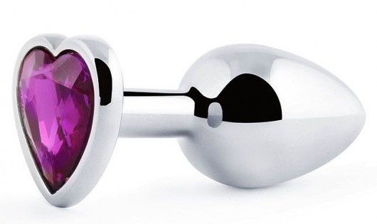 Серебристая анальная пробка с фиолетовым кристаллом-сердечком - 8 см. - Anal Jewelry Plug - купить с доставкой в Новошахтинске
