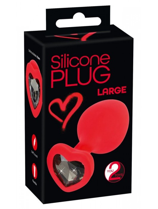 Красная силиконовая анальная пробка с черным стразом-сердечком - 9,3 см. - Orion - купить с доставкой в Новошахтинске