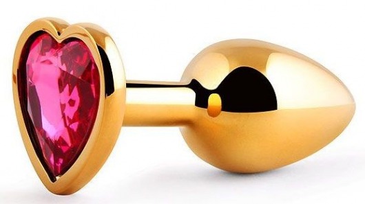 Золотистая анальная пробка с малиновым кристаллом-сердечком - 7 см. - Anal Jewelry Plug - купить с доставкой в Новошахтинске