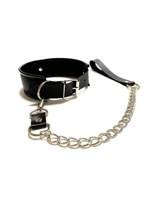Черный ошейник с поводком из эко-кожи - БДСМ Арсенал - купить с доставкой в Новошахтинске