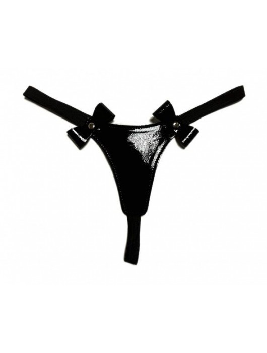 Черные лаковые трусики-стринги с бантиками - БДСМ Арсенал купить с доставкой
