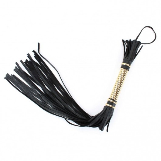 Чёрная плетка  из натуральной кожи с золотистой отделкой рукояти - БДСМ Арсенал - купить с доставкой в Новошахтинске