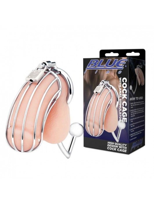Серебристая металлическая клетка с анальным стимулятором Cock Cage - BlueLine - купить с доставкой в Новошахтинске