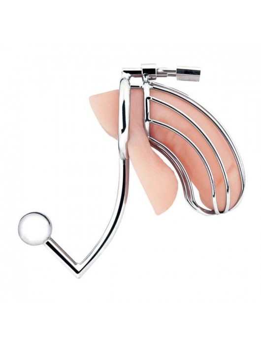 Серебристая металлическая клетка с анальным стимулятором Cock Cage - BlueLine - купить с доставкой в Новошахтинске